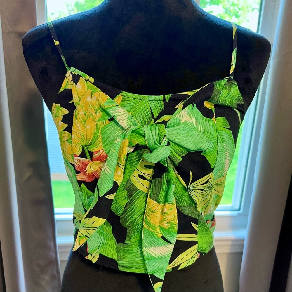 NWOT Nicole Miller Green/Yellow Linen Blend Tropical Botanical Tie Camisole